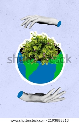 Safe people earth concept collage of two hands helping forest ecosystem isolated purple color background Royalty-Free Stock Photo #2193888313