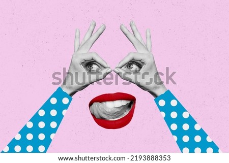 Creative retro 3d magazine image of arm showing binoculars red lips looking empty space isolated painting background