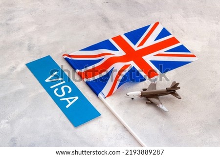 Flag of UK Great Britain with visa sign. Travel visa and citizenship concept