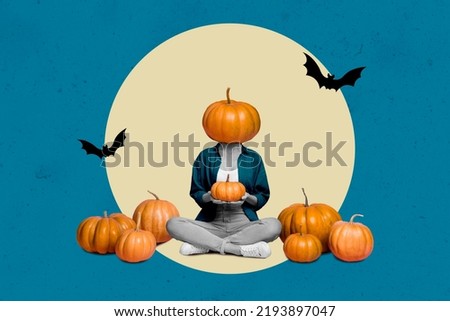 Trend template collage of jack o lantern with pumpkin head hold many vegetables with bats isolated drawing color background