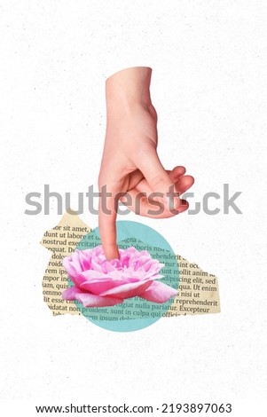 Vertical collage illustration of human hand finger point touch pink flower piece book page paper isolated on creative background