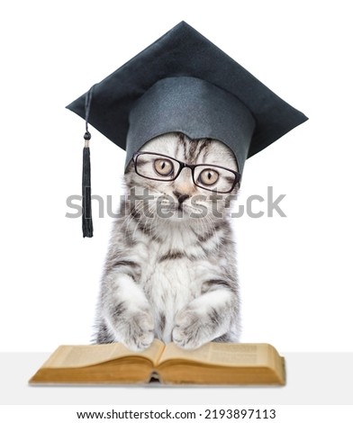 Graduated cat wearing eyeglasses reads big book. isolated on white background