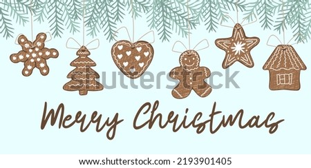 Merry Christmas hand drawn poster with gingerbreads. Happy holidays. Vector illustration