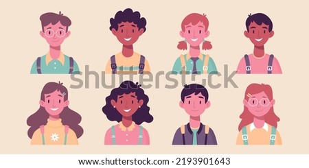 Set of children's portraits. Set of smiling faces of boys and girls with backpacks, different hairstyles, skin color, ethnicity. School kids avatars. flat vector illustration. Back to school clip art