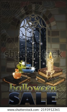 Happy Halloween sale card with books. vector illustration