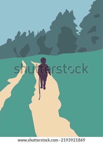 Vector: little child is walking on a path between the fields and the forest. retro landscape vector. flat illustration. with colors purple, green and blue