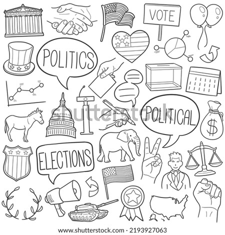 Political Doodle Icons. Hand Made Line Art. Politics Clipart Logotype Symbol Design.