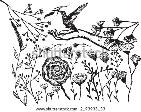 Hand drawn of Bird set free with floral vector, freedom concept.