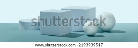 Abstract empty geometric shape podiums for product and shadows on pastel blue background.. Mock up stand for product presentation. 3D Render. Minimal concept. Advertising template