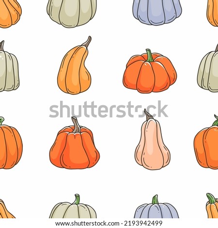 Multicolored pumpkins cartoon doodle seamless pattern. Contour cute illustration background