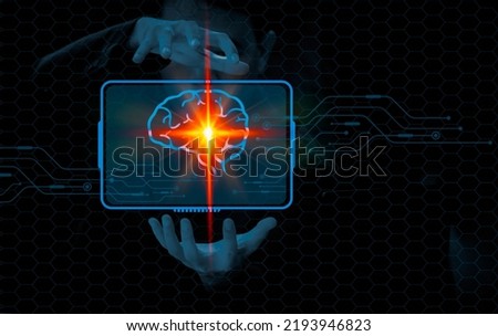 ฺBusinessman with Light icon Brain with a modern virtual screen interface, medical technology network connection concept, mental health protection, and care.