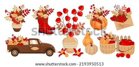 Autumn clip arts set with pumpkin, apples, truck, foliage, envelope. Vector illustration.