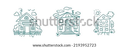Various houses vector doodle set. Simple hand drawn country houses silhouette in line art style for kids, real estate agency design