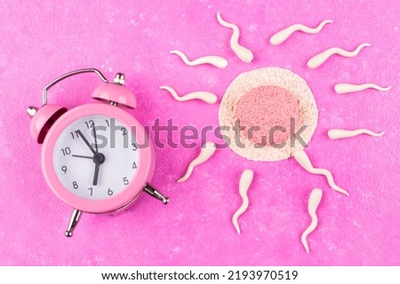 Time for conceiving a baby from a man and a woman. The concept of ovulation. The sperm fertilizes the egg. Pink background.