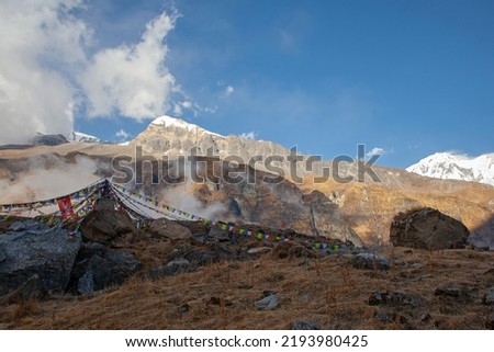 Small temple with flags at the Annapurna Base Camp, Nepal