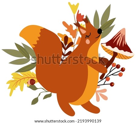 Autumn composition with a cute squirrel holding a mushroom, autumn berries, leaves and tree branches.Cute Autumn, perfect for web, harvest festival, banner, card and thanksgiving. Vector