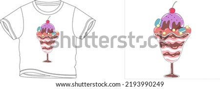 glass cup ice cream pink and chocatet t-shirt design background color is a white and t-shirt color is a white beautiful color and beautiful design