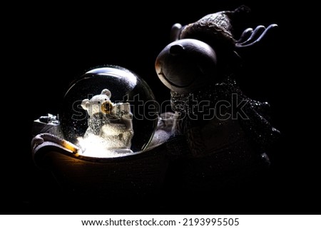 decorative glass ball with snow, a teddy bear and a black background