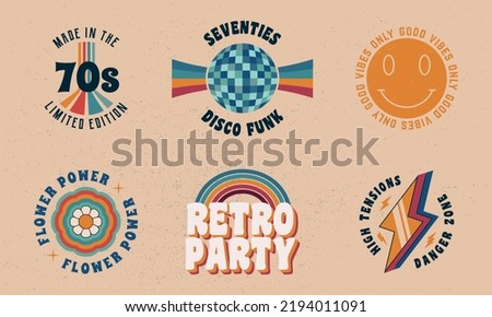 Set of Retro groovy logos. Made in 70s, Disco, Emoji, Flower, party emblems. 1970s Retro logo designs. 6 Vector retro 70's logos set. Retro prints for T-shirt, typography. Vector illustration Royalty-Free Stock Photo #2194011091
