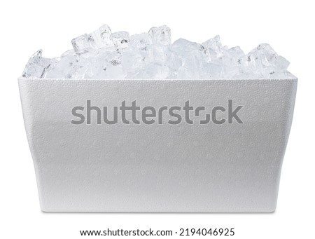 Cooler with ice. Styrofoam Cooler box. White foam plastic cooler box for ice. Take cold beer, drink, food on the beach. Fridge container for picnic. Isolated on white background with Clipping path. Royalty-Free Stock Photo #2194046925