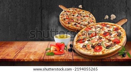 2 pizzas concept promotional flyer and poster for restaurants or pizzerias, template with delicious taste pizza, mozzarella cheese and empty space for the customer's chosen name.

