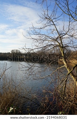 Beautiful Biesdorfer Baggersee lake surrounded by winter vegetation in January. Berlin, Germany