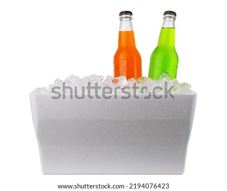 Cooler with ice and bottles of soda. Styrofoam Cooler box. White foam plastic cooler box for ice. Take cold beer, drink, food on the beach. Fridge container for picnic. Isolated on white background. Royalty-Free Stock Photo #2194076423