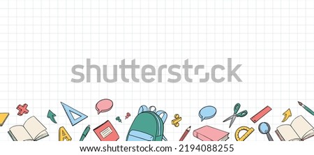 School supplies vector doodle illustration. Stationery set. Checkered background