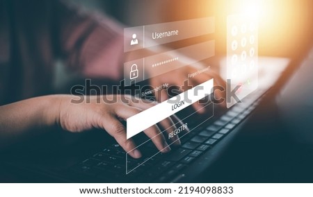 cyber security and Security password login online concept  Hands typing and entering username and password of social media, log in with smartphone to an online bank account, data protection hacker Royalty-Free Stock Photo #2194098833
