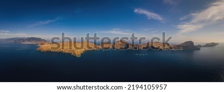 The peninsula St. Lawrence or Ponta de Sao Lourenco in the north-east of Madeira, viewpoint Miradouro da Ponta do Rosto, Portugal. October 2021. Panoramic aerial drone picture