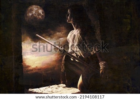 Prerry girl with broom sitting on window sill over sky