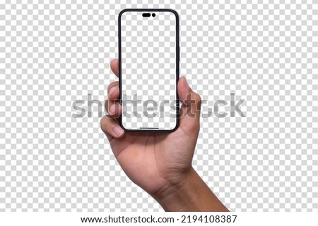 Hand hold Phone 14 on transparent, Smartphone mockup frame less blank screen, 3d isolated cell phone Template for infographics or presentation UI  Royalty-Free Stock Photo #2194108387