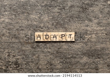 ADAPT word written on wood block. ADAPT text on cement table for your desing, concept.