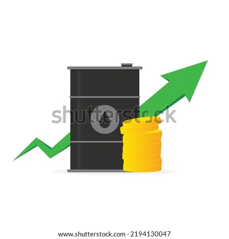 Rising Expensive Price of Black Crude Fuel Oil Barrel Graph Arrow Clip Art Vector Colored Isolated On White Background. 
Template Flat Icon Vector Style For Web, Apps, Or Business EPS10 Editable.