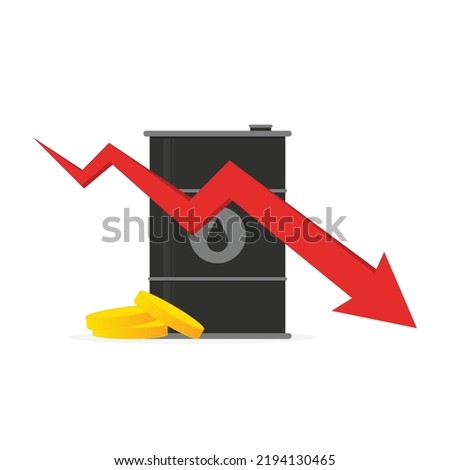 Decreasing Price of Black Crude Fuel Oil Barrel With Graph Arrow Clip Art Vector Colored Isolated On White Background. 
Template Flat Icon Vector Style For Web, Apps, Or Business EPS10 Editable.