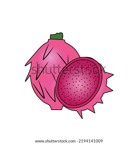 Summer tropical fruits for healthy lifestyle. Red dragon fruit with red flesh, whole fruit and half. Vector illustration flat icon isolated on white.