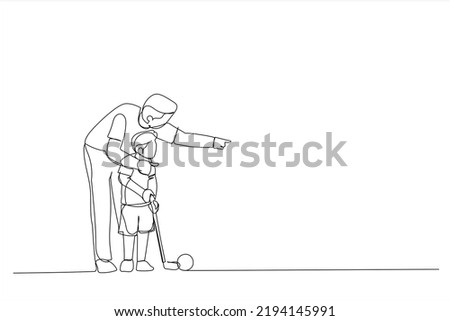 Illustration of father teaching his son how to play golf. One line art style
