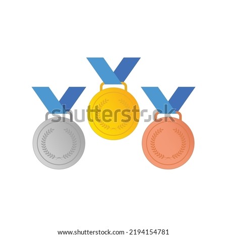 Collection Set Of Gold Silver Bronze Award Medal With Blue Ribbon Clip Art Vector Colored Isolated On White Background. 
Template Flat Icon Vector Style For Web, Apps, Or Business EPS10 Editable.