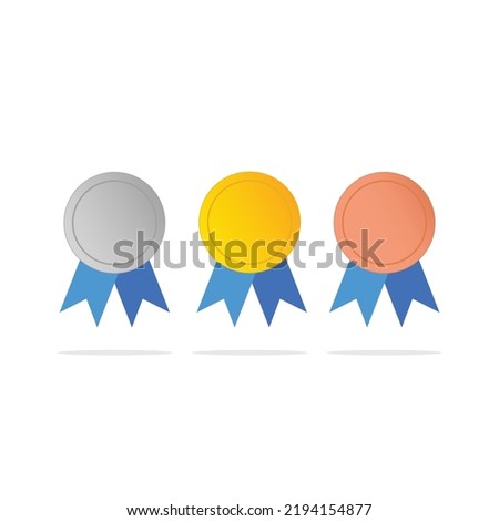 Collection Set Of Gold Silver Bronze Award Medal With Blue Ribbon Clip Art Vector Colored Isolated On White Background. 
Template Flat Icon Vector Style For Web, Apps, Or Business EPS10 Editable.