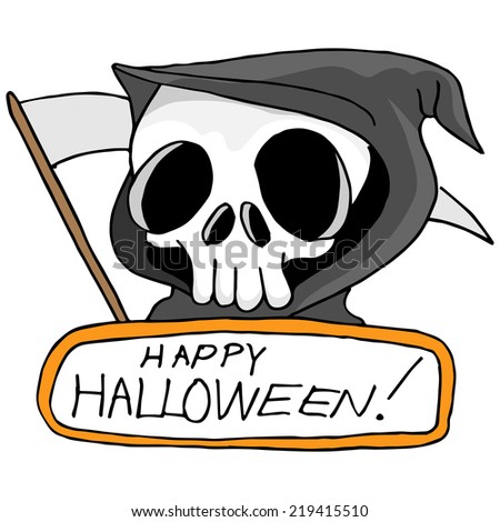 An image of a grim reaper with Happy Halloween text.