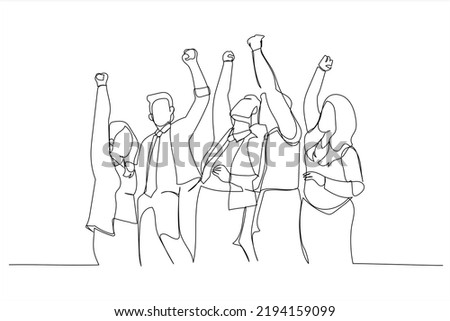 Drawing of diverse group huddle and high five hands together in office workshop. Single line art style
