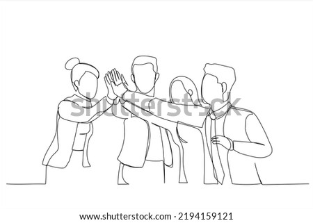 Drawing of Happy coworkers staff members friendly associates give high five celebrating achievement. Single continuous line art

