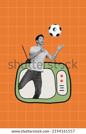 Photo artwork minimal picture of happy smiling guy playing football instead tv set isolated drawing background