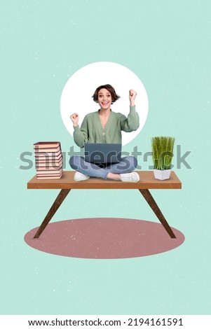 Collage artwork graphics picture of happy smiling lady sitting classroom rising fists isolated painting background