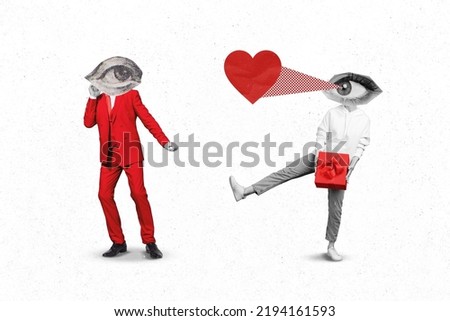 Creative abstract template graphics image of lady guy big huge eyes instead of heads felling in love isolated drawing background