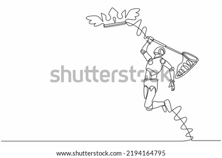 Single continuous line drawing robot try to catching flying crown with butterfly net. Royal, luxury, vip, robotic kingdom sign. Robot artificial intelligence. One line draw design vector illustration