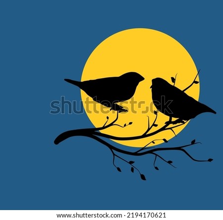 Scenery Couple Bird Silhouette on the Branch in Moon with Blue Background 