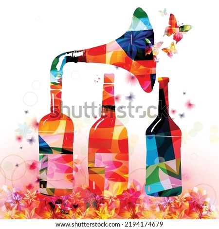 Alcohol glass bottles with gramophone horn vector illustration. Party flyer, celebration, wine tasting event, wine festival, restaurant poster. Wine drink design for invitation card, menu, promotion	