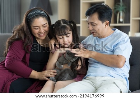 Asian family with child daughter playing with pet cat in living room at home. Smiling parents and teen girl kid embracing cute cat. Happy father, mother and daughter enjoy with cute cate