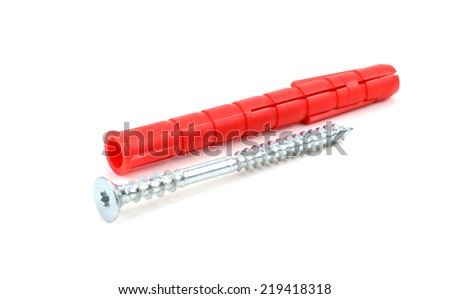 Close Up Steel Screw And Plastic Straddling Dowel  Isolated On White Background